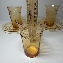 Vintage Amber Etched Juice Glasses w/ Saucers Wheat Pattern Thin Glass Set