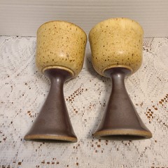 Vintage Studio Art Pottery Wine Goblets Chalices Speckled Brown Set Of 2 Signed