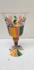 2 ART GLASS MULTICOLOR HAND PAINTED FLORAL STRIPES WINE GLASSES