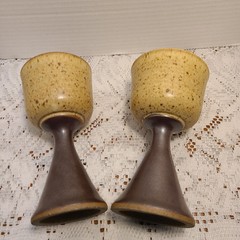Vintage Studio Art Pottery Wine Goblets Chalices Speckled Brown Set Of 2 Signed