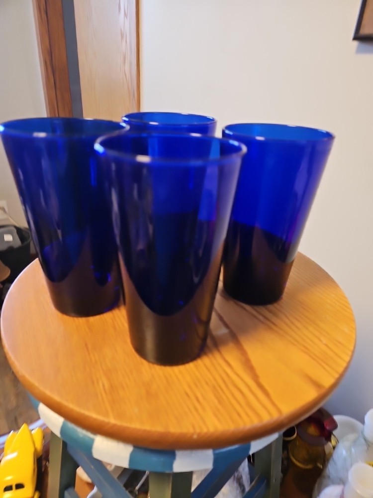 Set of 4 Libbey Teardrop Cobalt Blue Flat Tumblers 5-7/8” – 16 Oz Glasses