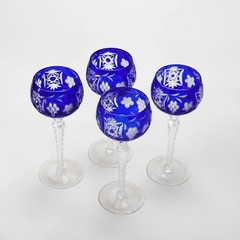 Four Antique Bohemian Cobalt Blue Floral & Grape Cut To Clear Crystal Goblets