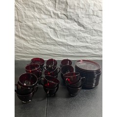 Anchor Hocking Ruby Red Depression Glass Tea Cups Saucers Set of 43 Vintage