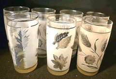 Vtg Libbey Silver Leaf and Wheat Frosted Juice Glasses Mid Century Retro Set 7