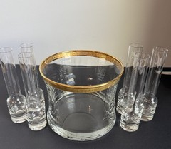 Vintage Cellini Crystal Ice Bucket 24k Gold Rim & Shot Glasses Mid Century SET