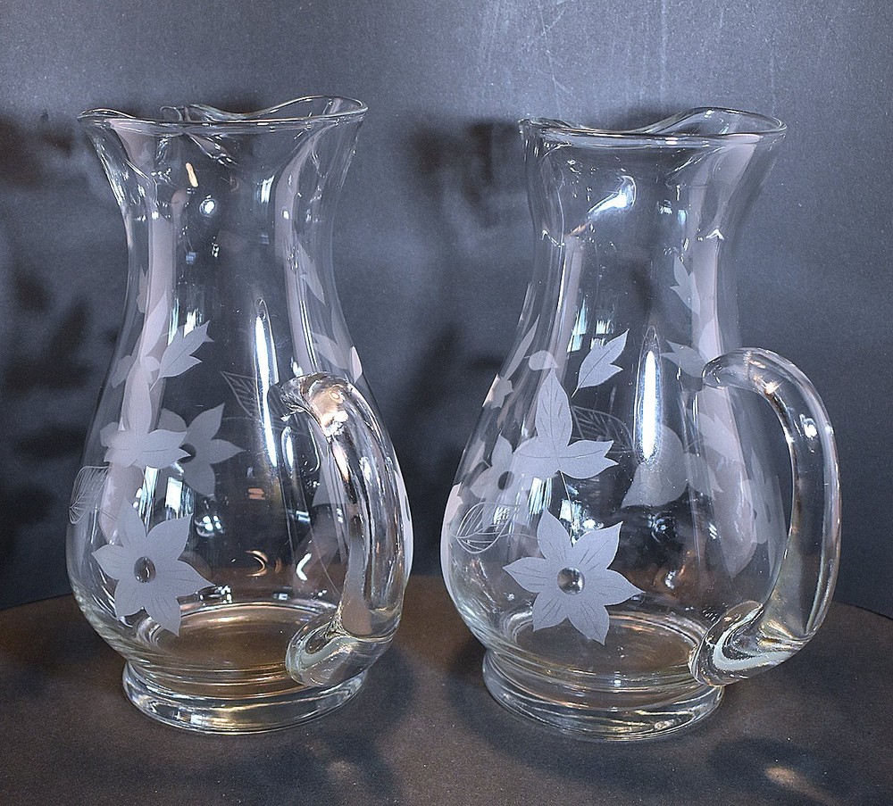 Large Clear Glass Pitchers with Etched Floral Pattern (Set of 2)