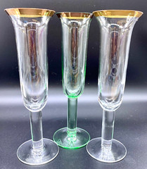 ESTATE CLEAR GREEN STEM GLASS CHAMPAGNE FLUTE GOLD RIM SET 3 STEMWARE SIGNED