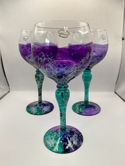 Set Of 3 Euroglass Wine Glasses Goblets Purple Green/Teal Abstract Romania