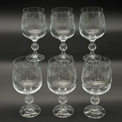 Set of 6 Vintage Bohemia Crystal Etched Floral Goblets Czechoslovakia 6.5”