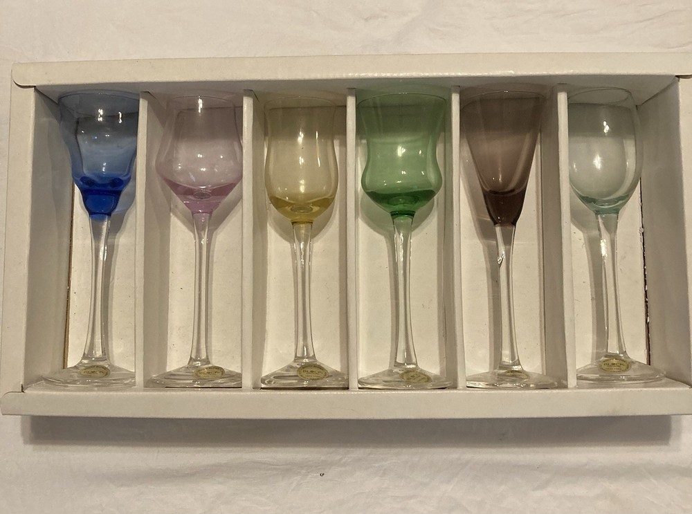 BLOCK Crystal Mouth Blown Kaleidoscope Cordials Set 6 Hand Cut & Polished Boxed