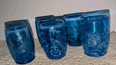 FENTON Vintage Cobalt Blue Daisy And Fern Opalescent Juice Glasses Set Of 6