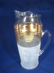 Mid Century Modern Gold Stripe Frosted Pitcher Barware 9» Tall