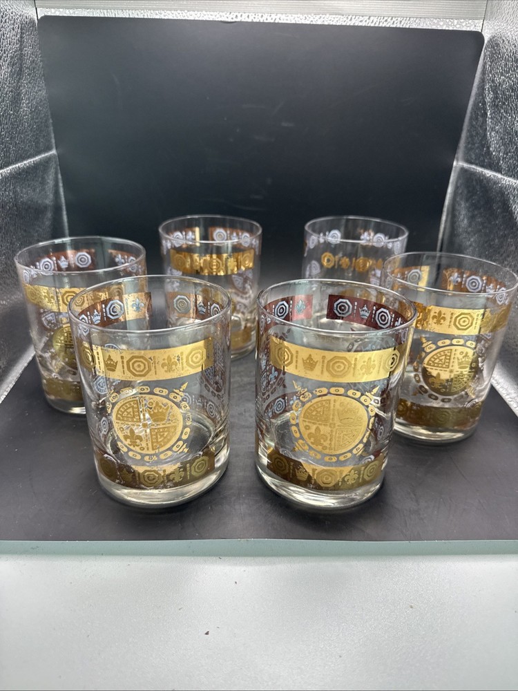 Vitro Bari V1C1 CRYSTAL HIGHBALL GLASSES Set of 6Gold Crowns Mid-Century Vintag