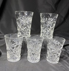 Set Of Five Early American Prescut Juice Glasses Star Starburst (2) 4.5”(3) 3.5”