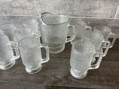 vintage Clear pitcher (1) and (9) glassware With Handles set 10 Pcs