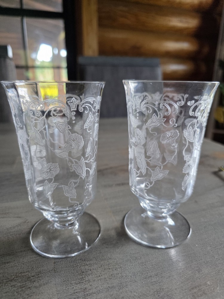 2 Vintage Fostoria Water Goblets Tumblers Morning Glory Etched Floral Gorgeous!