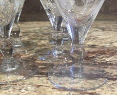 6 CRYSTAL GREY ETCHED ROSE N WHEAT OPTIC GLASS BULBOUS STEM 5 1/8”T UNUSED COND
