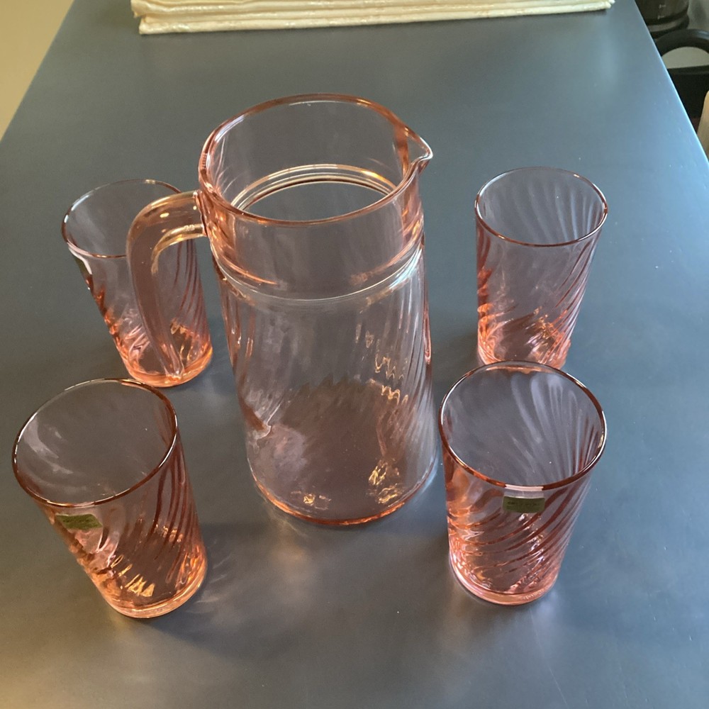 ARCOROC CRISTAL Rosaline Pink Pitcher and 4 Glasses France Swirl Pattern
