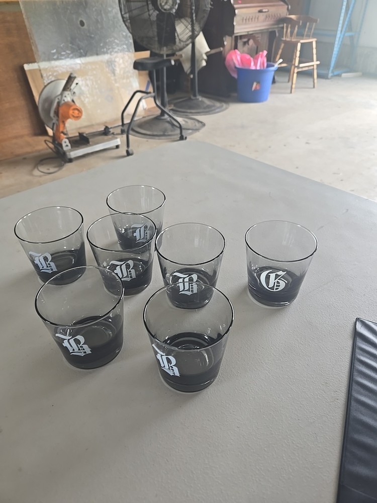 Set Of 7 Vintage Bar Smoked Tumblers Monogrammed 6 «B» And 1 «R»