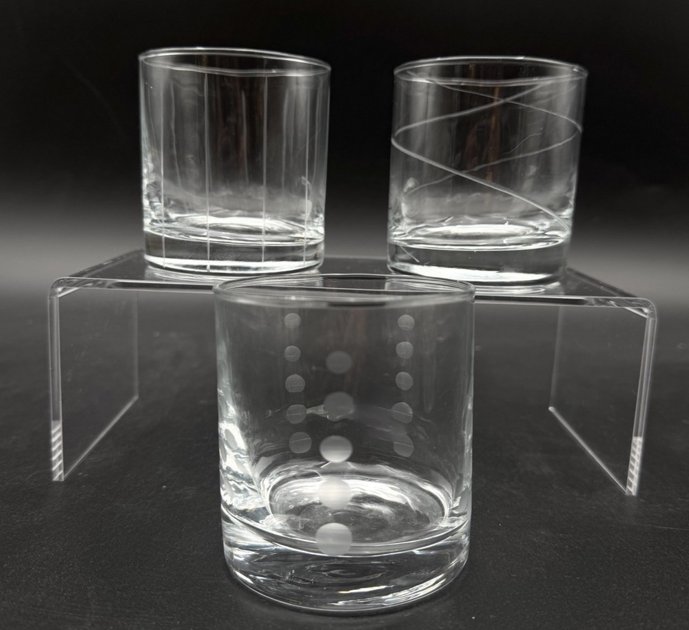 (3) Etched Short Rocks Glasses – Dots, Lines & Swirl – 8 oz – Cheers Style
