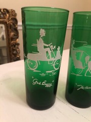 Vintage Christmas Barware 4 Anchor Hocking Forest Green Tumbler Open Sleigh Xmas