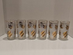 6 Mid-Century Libbey Gold Leaf Embossed Mostly Frosted Tumbler Glass 5 1/4″