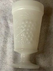 Vintage white milk glass footed goblet grape and leaves impression,