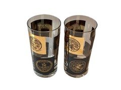 Vintage Black Gold Cera Glass State Seals Highballs Tumblers Set Of 2 MCM 60’s