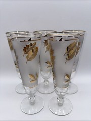 VINTAGE 5-PC LIBBEY FROSTED GOLDEN FOLIAGE GOLD LEAF PILSNER GLASSES MCM BARWARE