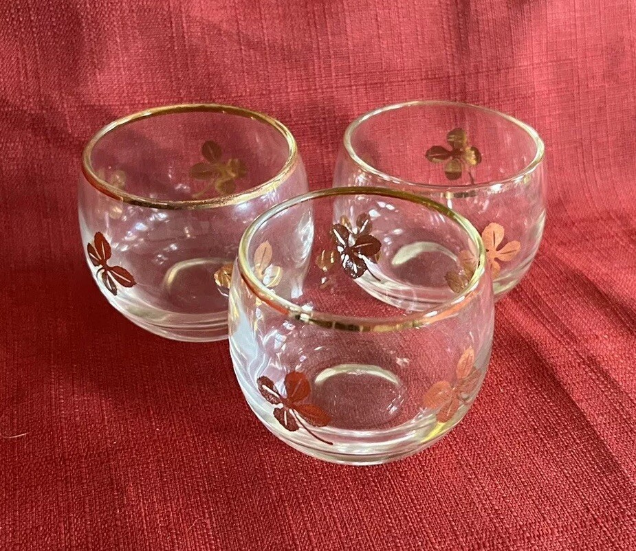 Four Leaf Clover/Shamrock Round Tumbler Glasses Set Of 3 Gold Barware Vintage