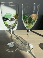 3 Hand Painted Artist Wine Glasses Colorful Swirl Green, Gold, Blue and Pink