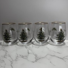 Spode Christmas Tree Stemless Wine Glasses Gold Trim Rim, 19 Oz – Set of 4