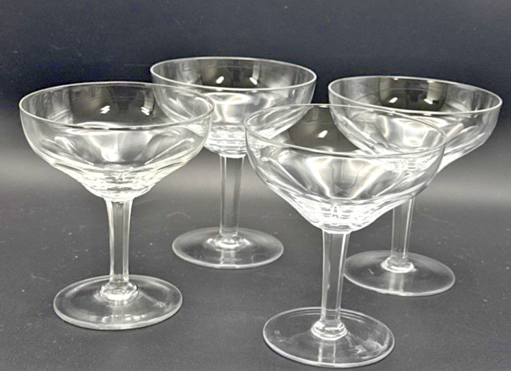 Champagne Coupe Cocktail Glasses 4.25” T Thumbprint Optic Panels Set 4 Hex Stem