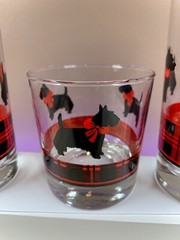  3 Vintage Fitz Scottie Dog Red Plaid Drinking Glasses 2 Tall 1 Short