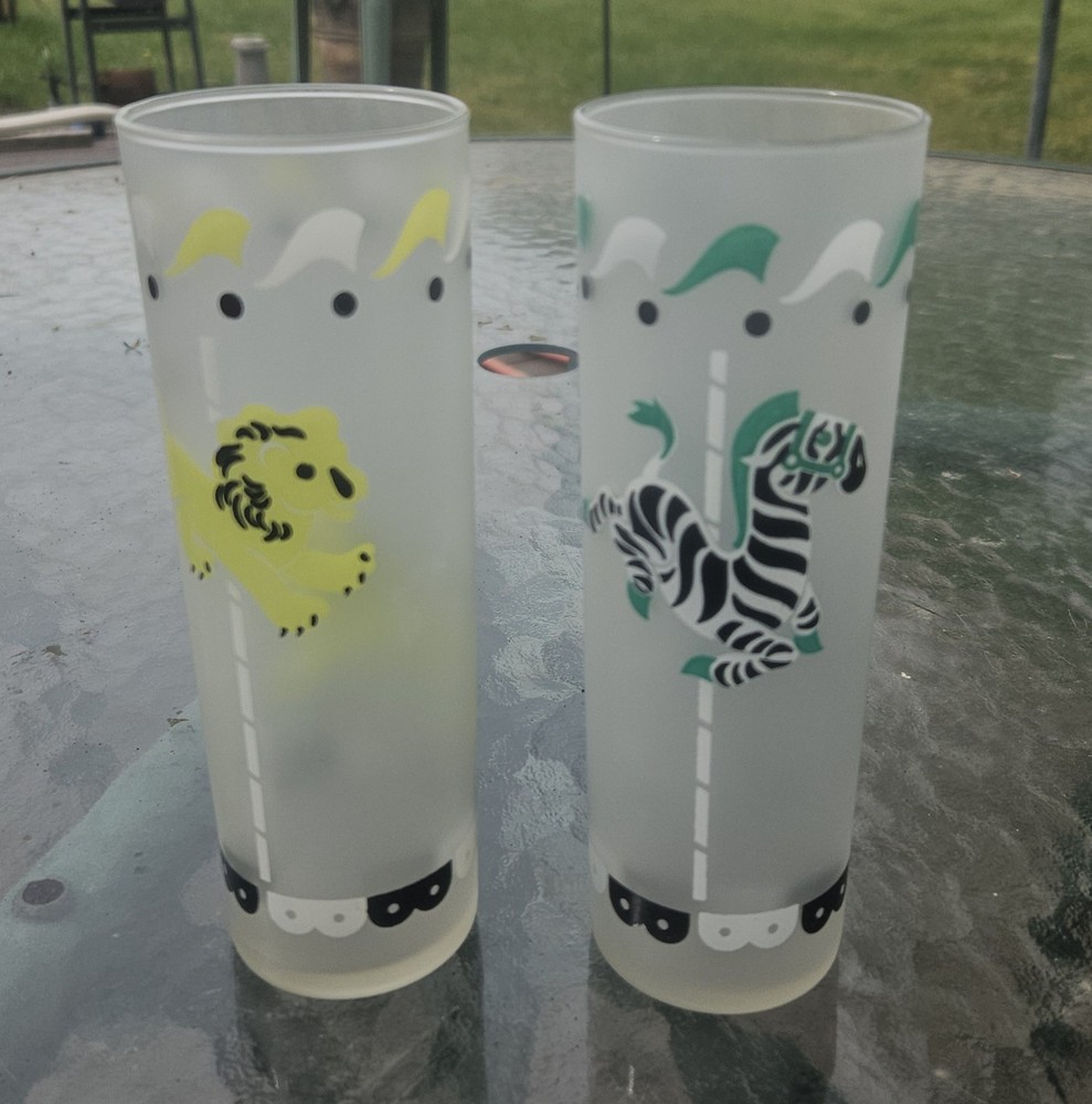 Vintage Lot Of 2 Libbey 1960s Circus Carousel Bar Tumblers Zebra & Lion
