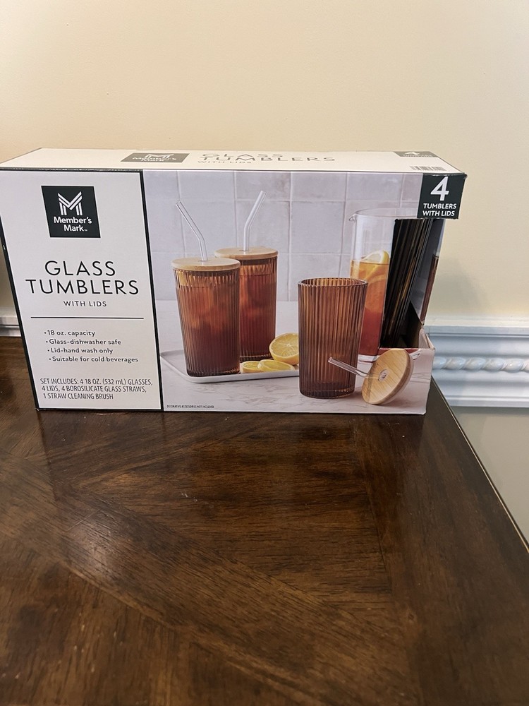 Member’s Mark Glass Tumblers Brown 18 oz Set of 4 with Lids Dishwasher Safe