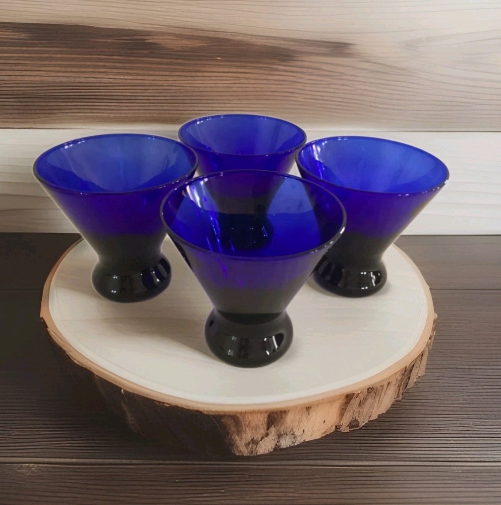 4 PCs Libbey Cobalt Blue Lowball Stemless Cocktail Martini Glasses Barware 4”T