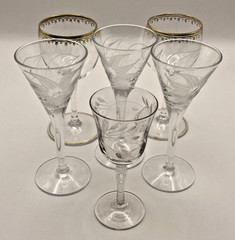 Vintage Lot of 6 Etched Glass Crystal Cordial Glass Stemware Various Designs