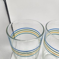 Set Of 4 – Vintage 6″ Striped Tumblers Glasses Blue Green Yellow Teal Stripes