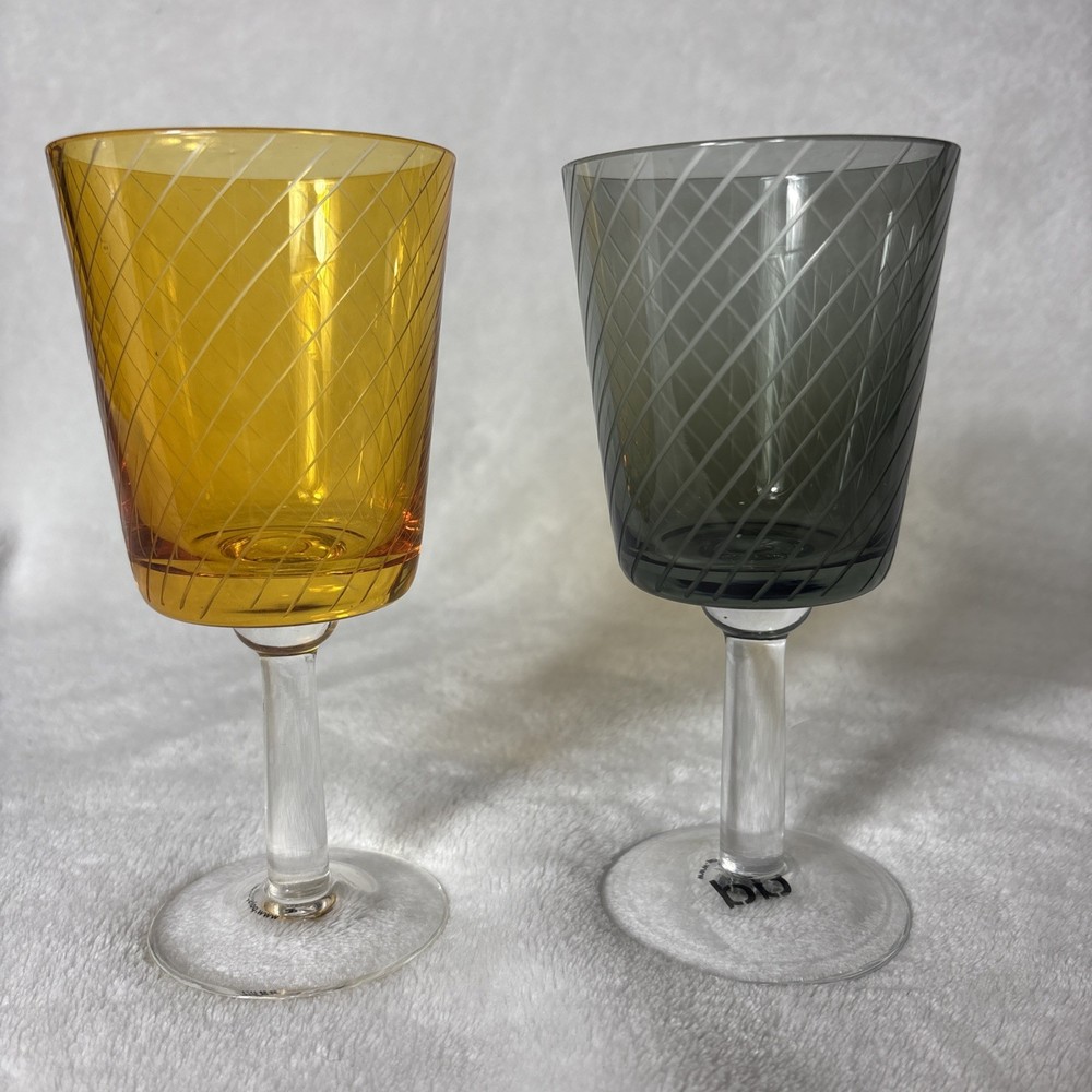 Pair of Pols Potten Library Wine Glasses Amber Yellow & Smoke Gray Etched