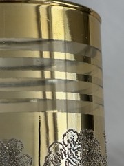 1960s Set Of 5 Gilt Gold Glass Cup Tumblers With Silver Roses, Clear Stripes MCM