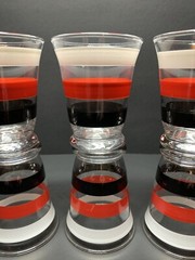 Fiesta Bands 4 Oz. Juice Glasses By Anchor Hocking, Red, White, Black Set Of 6