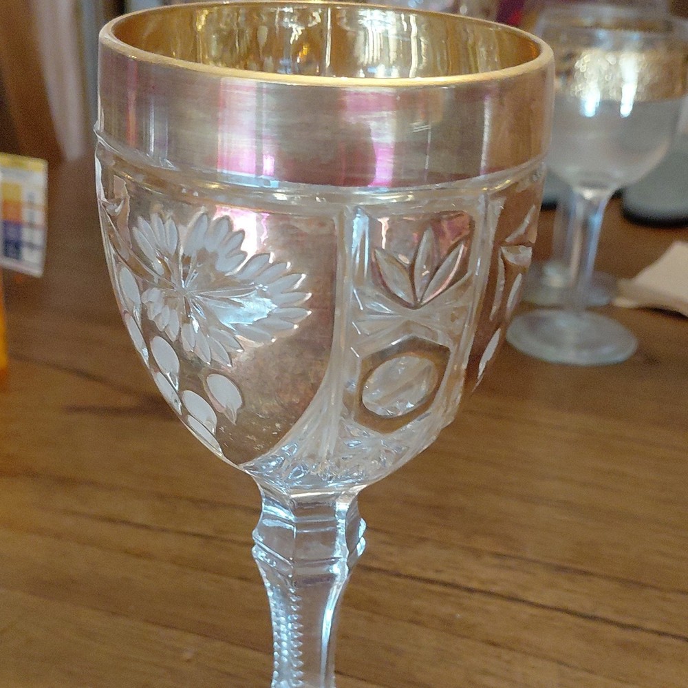 Clear Cut Glass Wine Goblet Stemmed Glass Gold Rim Floral Decor Set Of 4