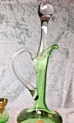 Venetian Green Glass Decanter Bottle W/ 6 Glasses 16.5″ Gold Gilt Italy Vintage