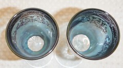 Bohemian Cordial Flute Glasses PAIR Twisted Stem Blue w/ Gold accents Timon?