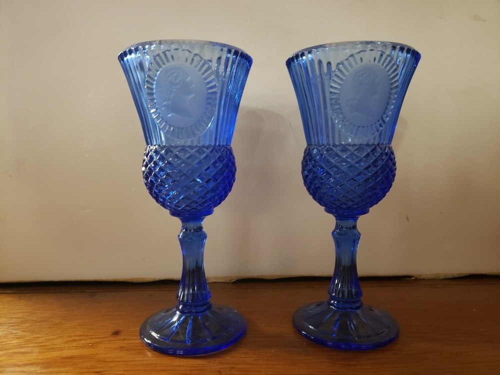 2 Vintage Avon Fostoria George Washington Cobalt Blue Water Wine Glass Goblets