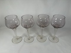 4 Vintage Bohemia Czech Amethyst & Clear Glasses Swirl Stem Star Goblet Cordial