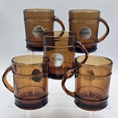 Set 5 VTG Fire King Anchor Hocking Glass AMBER BROWN Barrel MUGS Spice Sticker