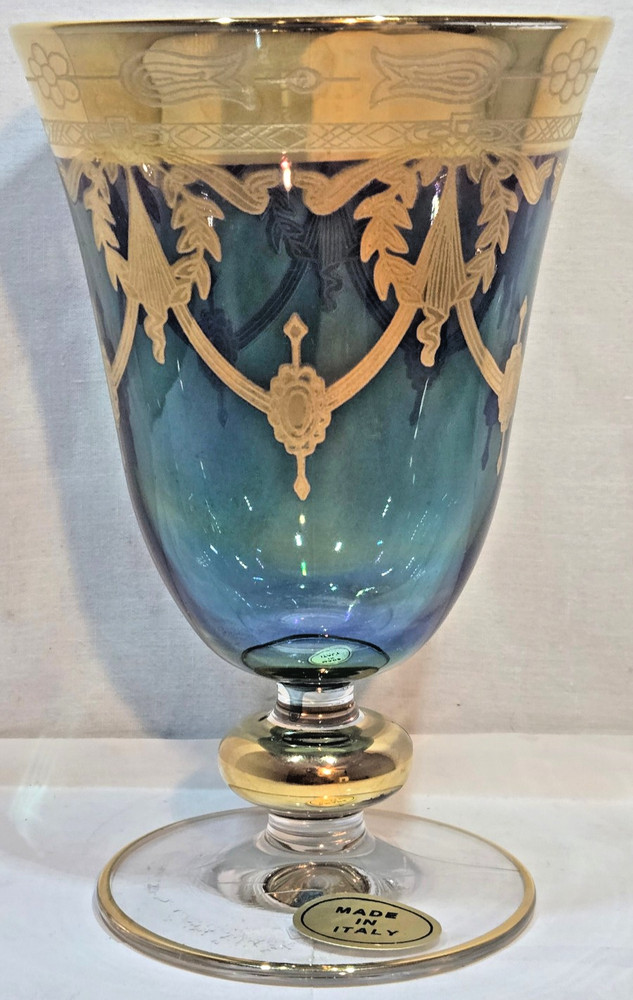 Arti Italica Medici Crystal Wine Goblet, Teal-Blue, 24K Gold-Plate Etching & Tri