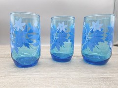 Set Of 3 Libbey Blue Floral Daisy Glasses 5” MCM Great Condition Flower Vintage